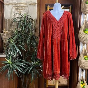 Rust Velvet Lace Mini Dress 3XL | Whimsigoth Fairycore Boho Witchy Romantic